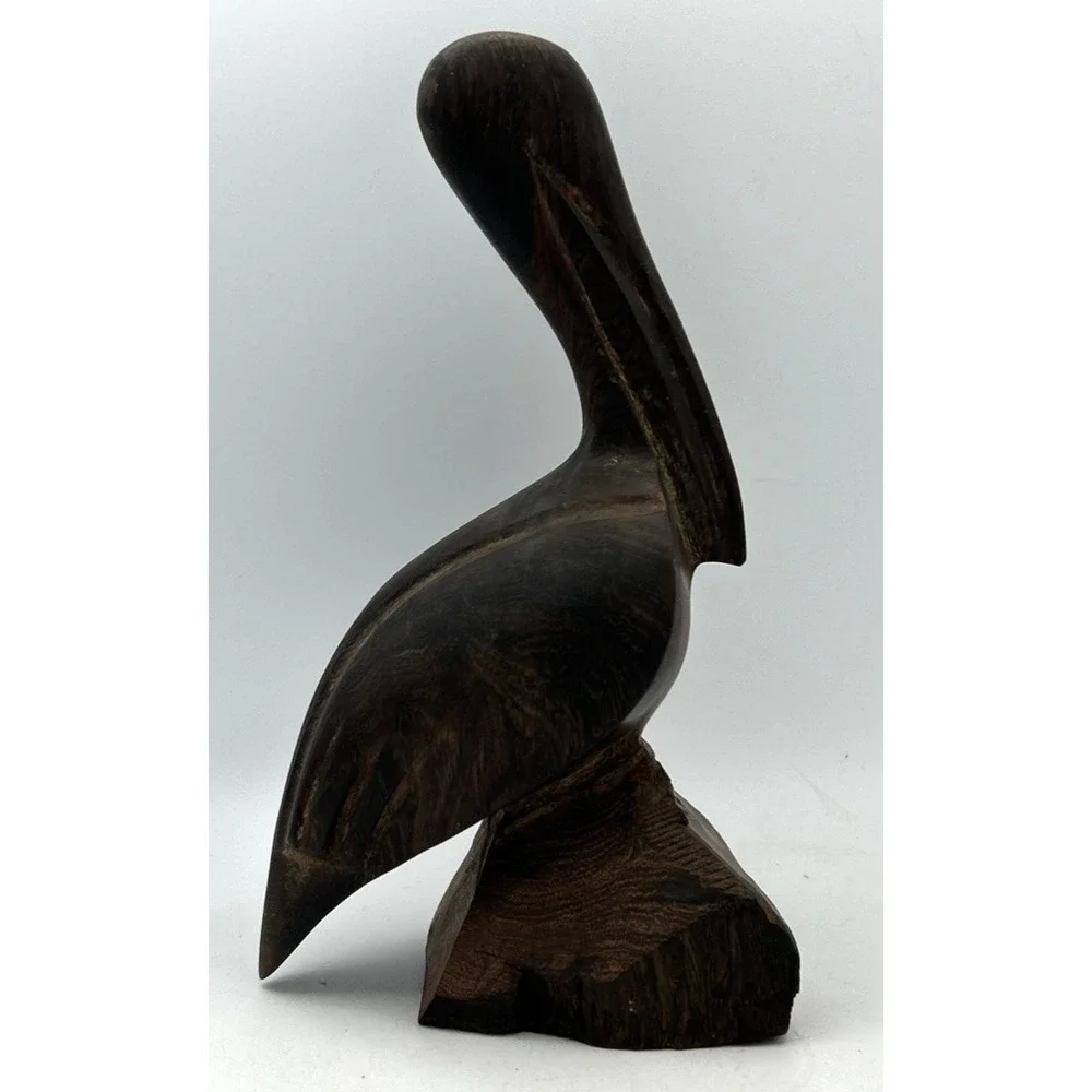 Vintage Wood Hand Carved Wooden Pelican Exotic Hard Iron‎ Statue 9